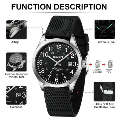BIDEN Men's Watch Simulated Quartz Sports Men's and Women's Watch 30 Waterproof Second Hand Luminous Easy to Read Dial