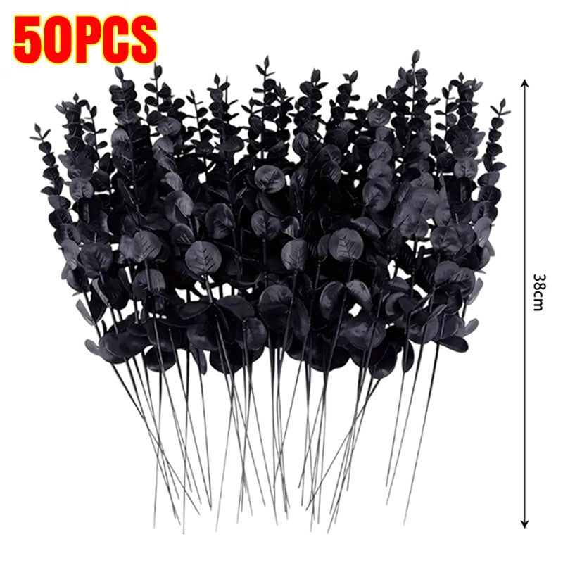 50/10x Black Artificial Eucalyptus Branches Simulation Flowers Stems Halloween Thanksgiving Ornaments DIY Home Table Decoration