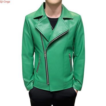 Autumn Men's Green Lapel PU Jacket, Black Faux Leather Motorcycle Coats, Coffee-Brown Casual Top, Asian Sizes Fit Slim Cut.