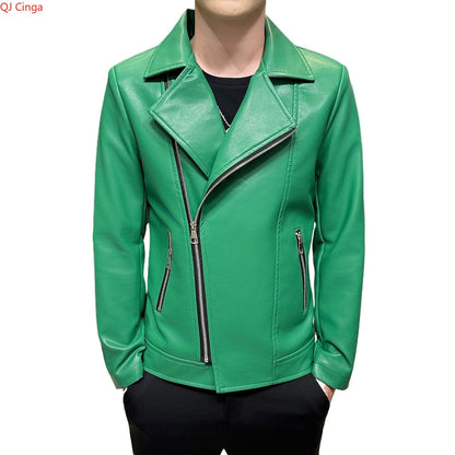 Autumn Men's Green Lapel PU Jacket, Black Faux Leather Motorcycle Coats, Coffee-Brown Casual Top, Asian Sizes Fit Slim Cut.