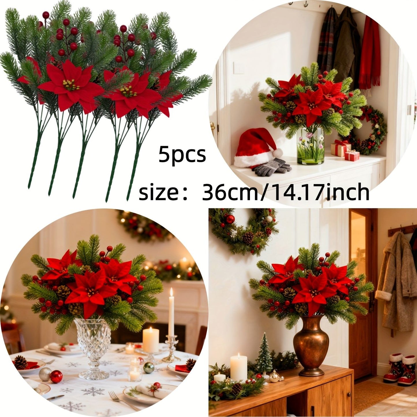 5Pcs 36cm Christmas Poinsettia Picks, Velvet Red Floral Stems with Pine Berries Pine Cones, Fake Xmas Flowers for Vase Table Decoration