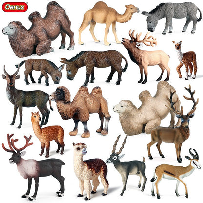Oenux Simulação Animais Selvagens Brinquedo Camelo do Deserto Burro Alpaca Antílope Cervo Veado Modelo Bonecos de Ação PVC Decoração Presente Infantil