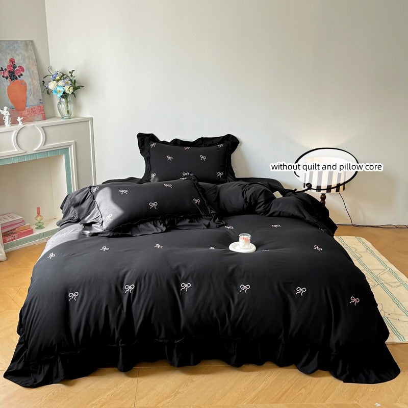 3pcs bow embroidery Bedding set ruffles Duvet Cover Set (1*Duvet Cover + 2*Pillowcase, Without Core)for bedroom guest room