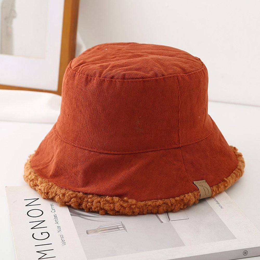 Trendy Lambswool Winter Bucket Hat Thickened Soft Fisherman Cap Warm Corduroy Beanies Cap for Casual, Trips, Sports, Skiing