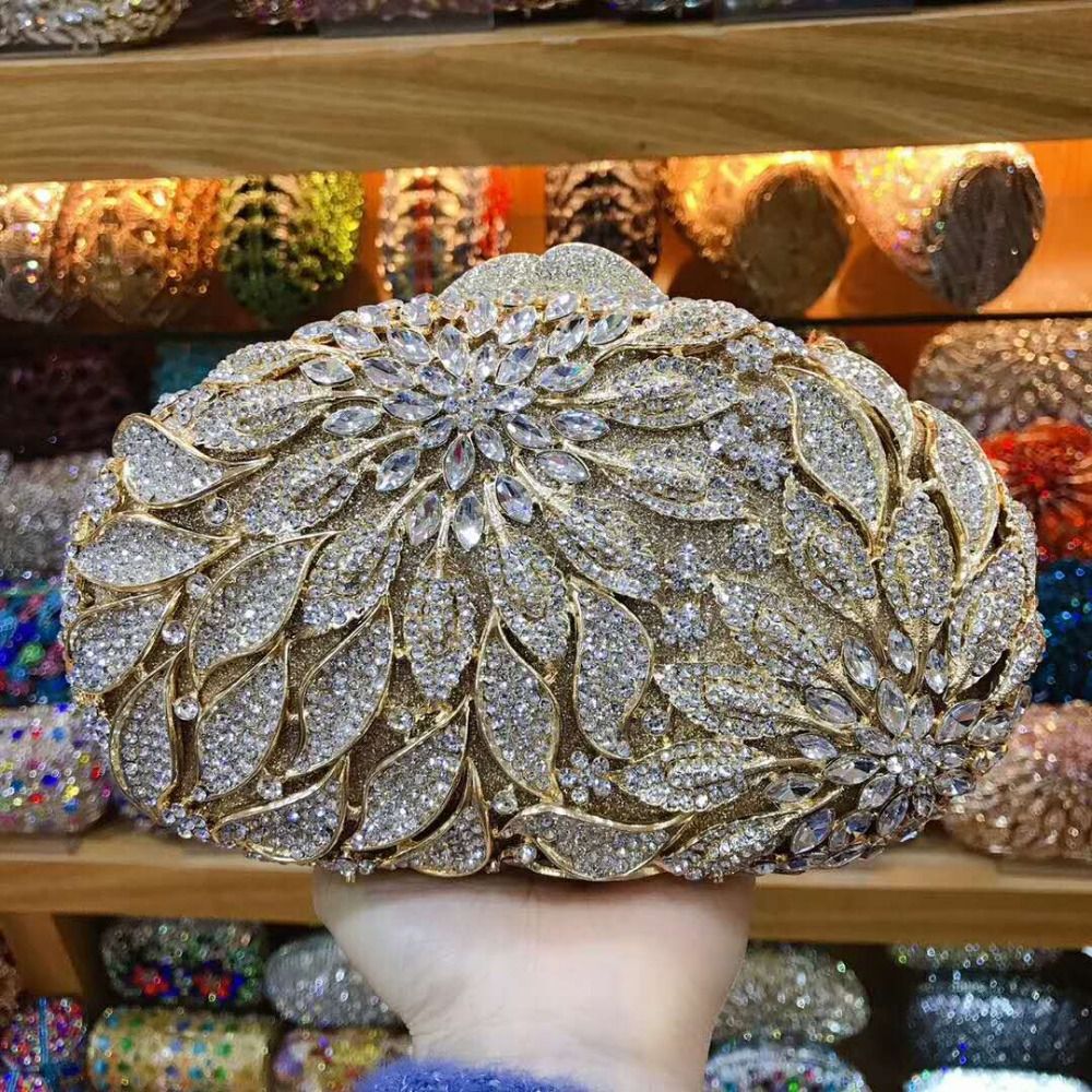 XIYUAN women red/pink/blue/gold/silver Hollow Out Flower Birthday party Crystal Evening bag Clutch purse Minaudiere Handbags