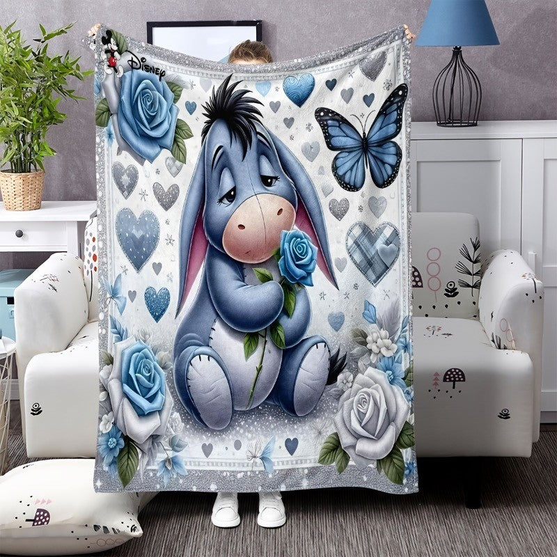 [Super Soft | Eeyore Plush] 1pc Super Soft Eeyore Plush Blanket | Flannel Bedspread with Logo Blue Roses & Hearts