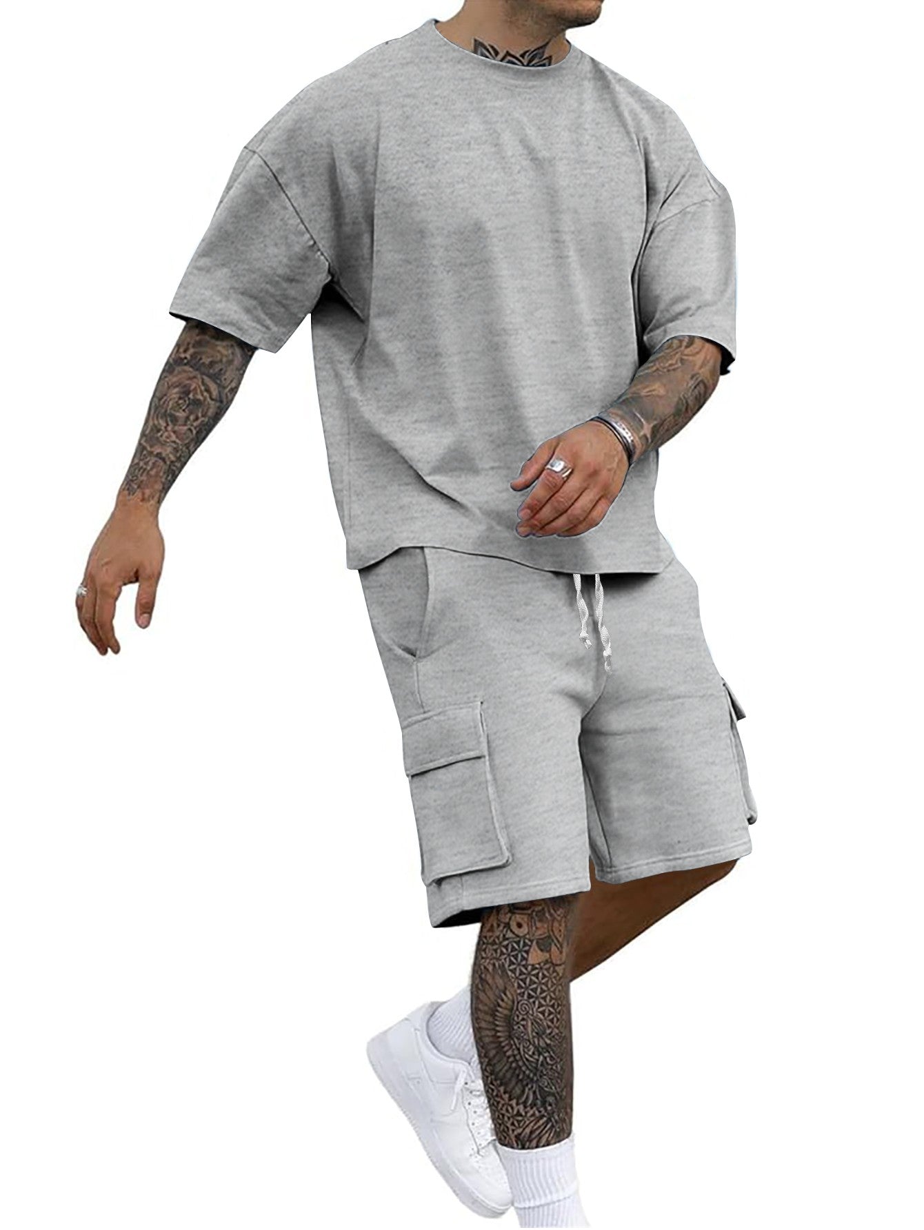 Summer new men's round neck short sleeve T-shirt shirt shorts two-piece suit loose large size ice