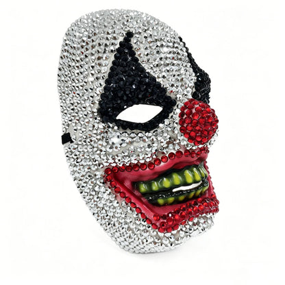 Glitter Full Rhinestone Clown Mask, Crystal Evil Clown Full Face Mask for Halloween, Cosplay, and Themed Costume Events