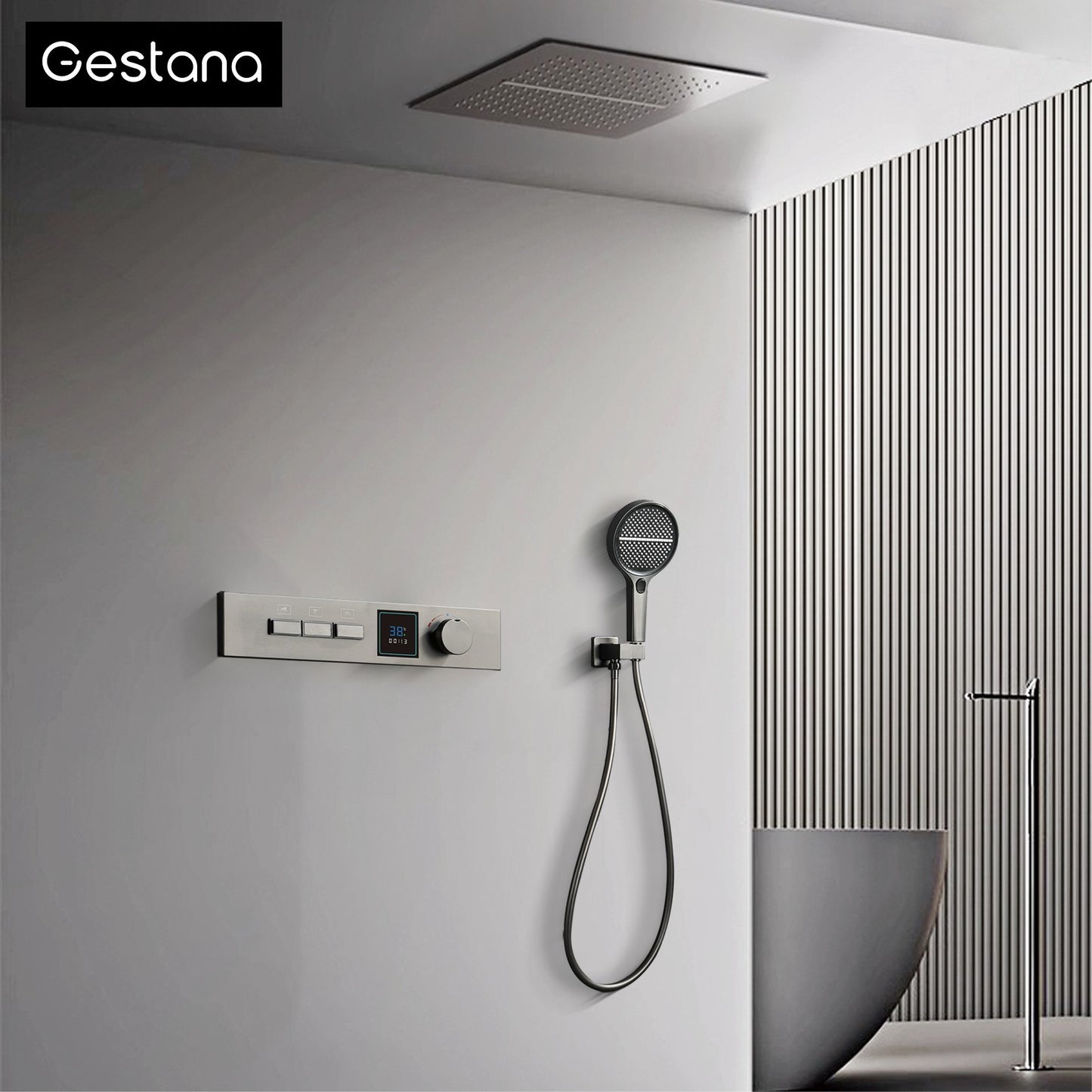 Sistema de chuveiro de latão Gunmetal luxuoso para banheiro com display de temperatura LED embutido no teto, 2 funções (chuva/cascata)