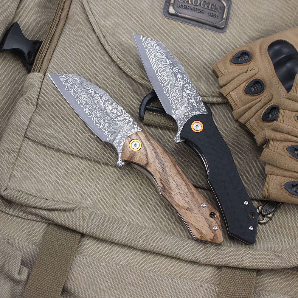 Damascus Pattern Folding Knife Wood Handle Portable Outdoor Self-defense Pocket knife High Hardness EDC Camping Kitchen Knives