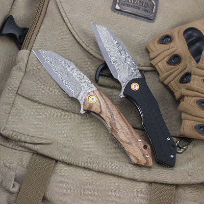 Damascus Pattern Folding Knife Wood Handle Portable Outdoor Self-defense Pocket knife High Hardness EDC Camping Kitchen Knives