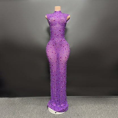 Sexy Full Drill Elastic Slim Fit Sleeveless Long Dress - Hip Wrap, For Host Stage Catwalk & Engagement Evening High-Slit Dresses