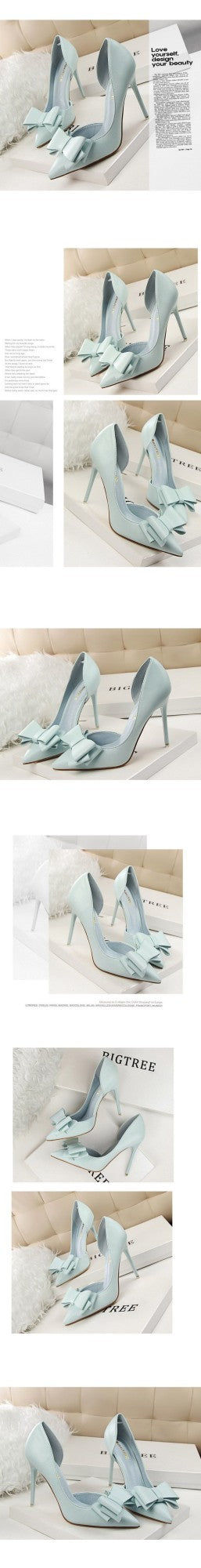 Korean Fashion Women's Shoes Wedding Bow High Heels Stiletto Heels Shallow Pointed Head Side Empty Thin Shoes