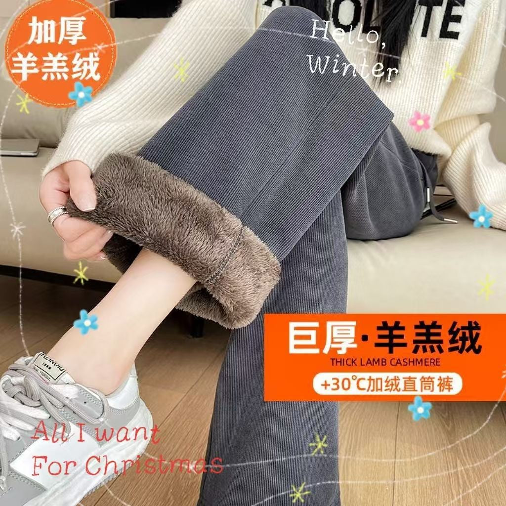 Warm Lambswool Straight Pants Women Corduroy Thickened Loose Wide Leg Pants Fashion Casual Elastic High Waist Fleece Trousers
