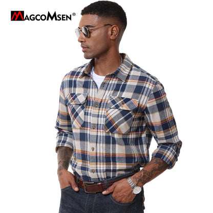 MAGCOMSEN Flannel Shirts Men's Long Sleeves Cotton Long Sleeve Plaid Shirt with 2 Pockets Button Down Casual Corduroy Shirt Male