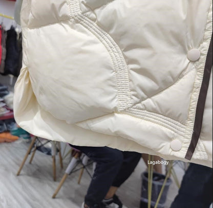 Lagabogy 2025 Mid-Long Puffer Jacket Winter Women Simple White Duck Down Coat Stand Collar Parka Female Single Breasted Outwear