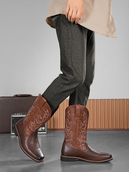 Men's Creative Pattern Embroidered Vintage Lace-Up Boots Wide-Toe Men's Cowboy Boots High-Top Riding Boots Extra Large Sizes