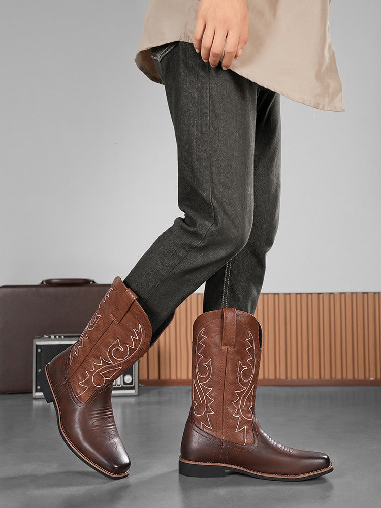 Men's Creative Pattern Embroidered Vintage Lace-Up Boots Wide-Toe Men's Cowboy Boots High-Top Riding Boots Extra Large Sizes