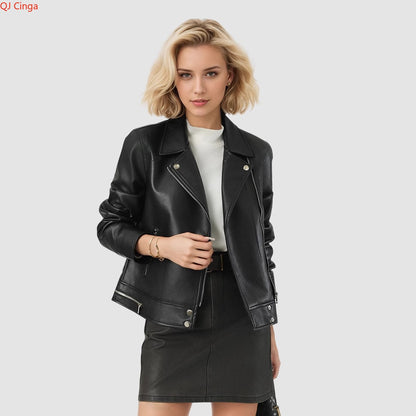 New Fall Women's Black Long-Sleeve Leather Jacket, Short-Length Collared PU Coat, Stylish Slim-Fit Biker Top.