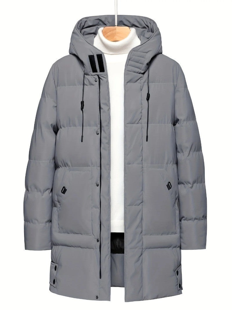 Casaco Masculino Pesado de Inverno Corta-Vento para Frio com Zíper Completo, Capuz Longo e Bolsos Frontais Grandes