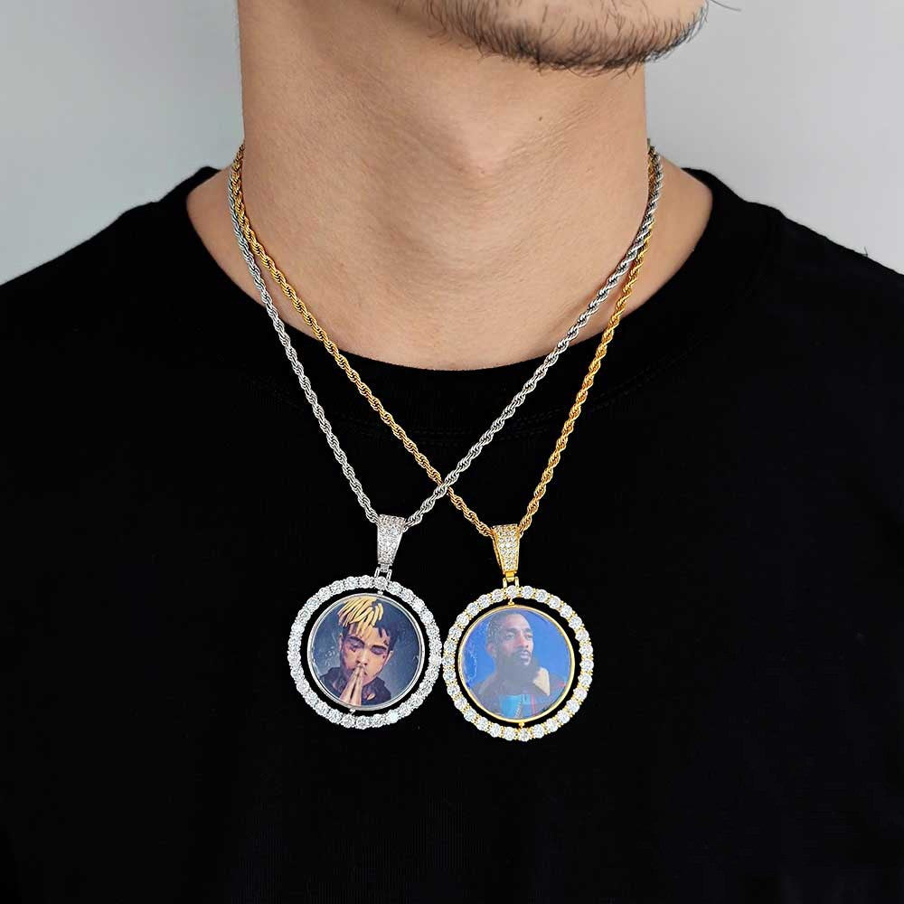 Wholesale Custom Photo Pendant Memory Medallions Rotary Double-Sided Picture Necklace Hip Hop Iced Jewelry Personalized Gift