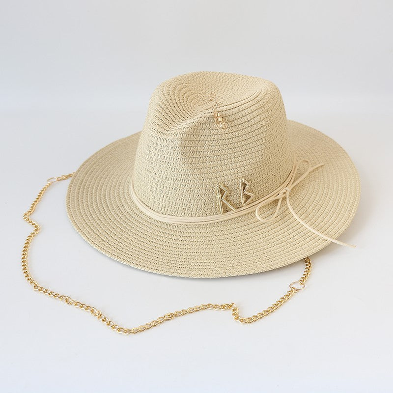 Fashionable Metal RB Letter Straw Hats for Women Men Summer Outdoor Holidays Beach Sun Hat Straw Hats for Women Fashion Panama
