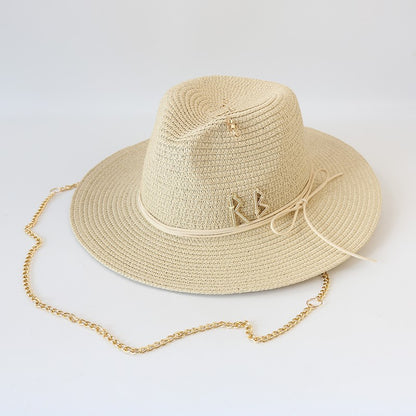 Fashionable Metal RB Letter Straw Hats for Women Men Summer Outdoor Holidays Beach Sun Hat Straw Hats for Women Fashion Panama