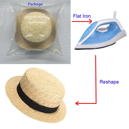 REHOOS Natural Wheat Straw Boater Fedora Top Flat Hat Women Summer Beach Flat Brim Cap Bowknot Ribbon For Holiday Party