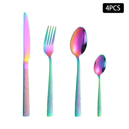 4/6/16/24pcs Stainless steel colored cutlery set Square handle snakeskin cutlery Household knife, fork and spoon combination