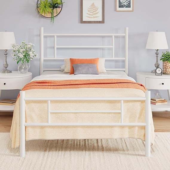 Estrutura de Cama de Plataforma de Metal Tamanho Twin de 14 Polegadas com Cabeceira e Peseira, Armazenamento Embaixo da Cama, Forte Suporte de Ripas de Metal, M