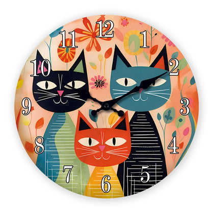 Retro Art Cute Cat Family Wooden Wall Clock Living Room Bedroom Kitchen Home Decoration Wall Clock Silent Quartz Clock Holiday Gift 10 Inch 12 Inch 14 Inch 16inch (No Battery)