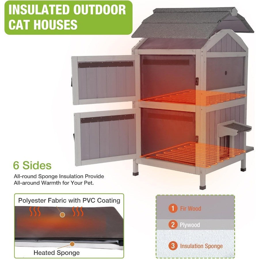 Casinha Aquecida para Gatos Externa 2 Andares Impermeável para Gatos de Rua com Portas de Fuga Tapete Aquecedor Removível para Inverno AIR94-He