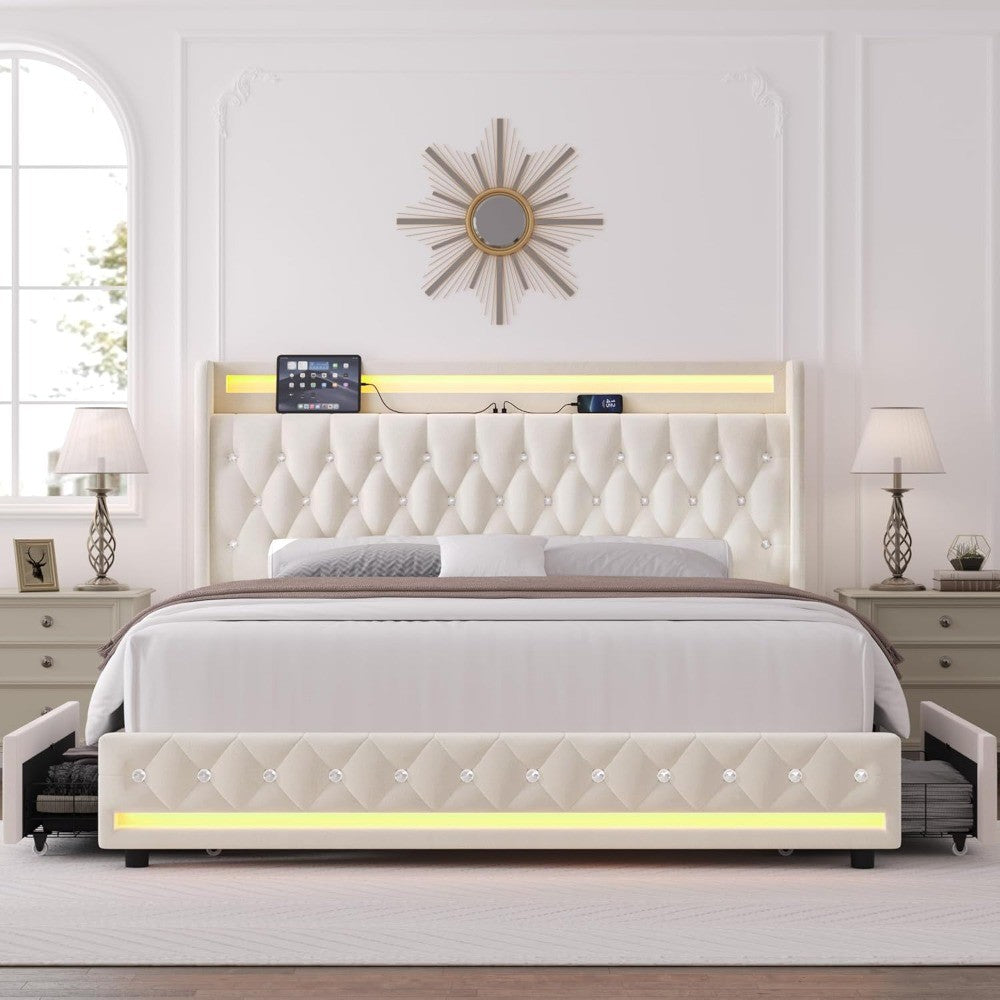 Luxurious Velvet Queen LED Bed Frame with Built-in Charging Station and 4 Storage Drawers, Enhanced with Handcrafted Crystals