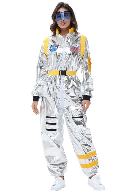 Adult Silver Astronaut Costume Men Women Spaceman Suit Space Jumpsuit Halloween Cosplay Party Dress Up
