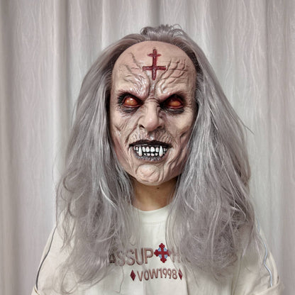 Scary Old Demon Latex Mask Full Head Long Gray Hair Horror Monster Halloween Cosplay Party Prop