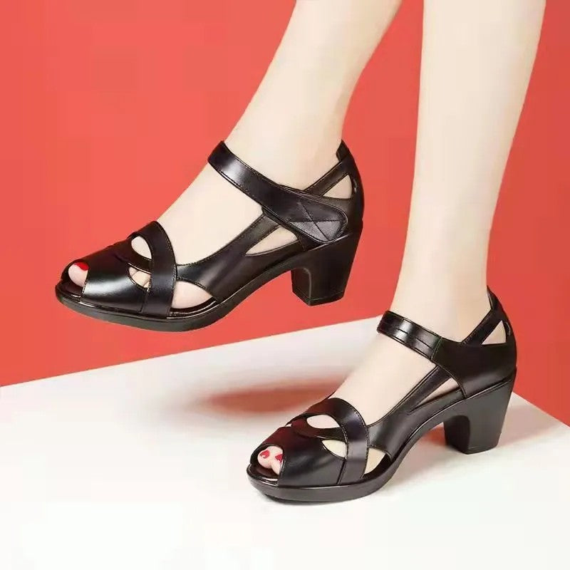Women Fashion Plus Size Black Leather Peep Toe High Heel Shoes Casual Hollow Out Breathable Spring & Summer Office Shoes A95