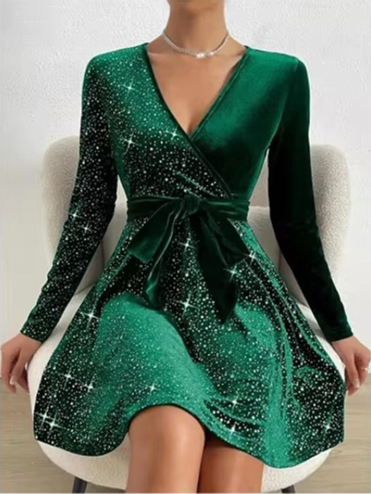 4 Color Sparkling Mini Dress Women's Sexy A-Line Long Sleeved Dress Spring Autumn Party Solid Color Dresses