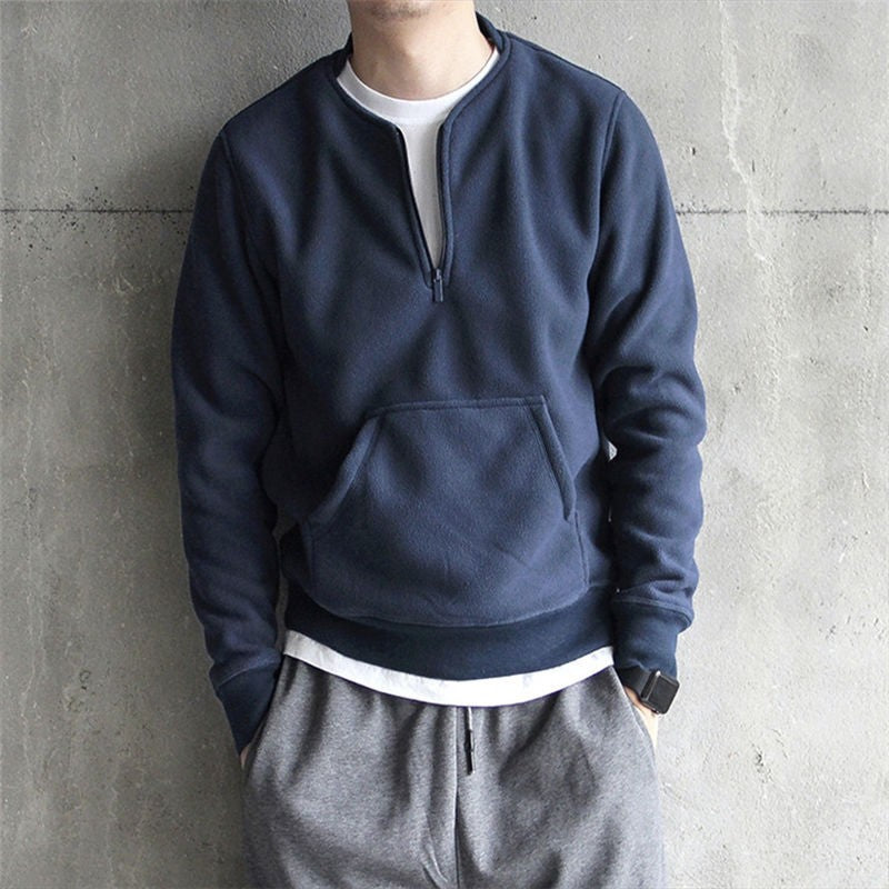 Autumn Winter Fleece Half Zipper Henley Collar Men Long Sleeve Sweatshirts Pocket Keep Warm Thickened Fleece 2xl Oversized Tops