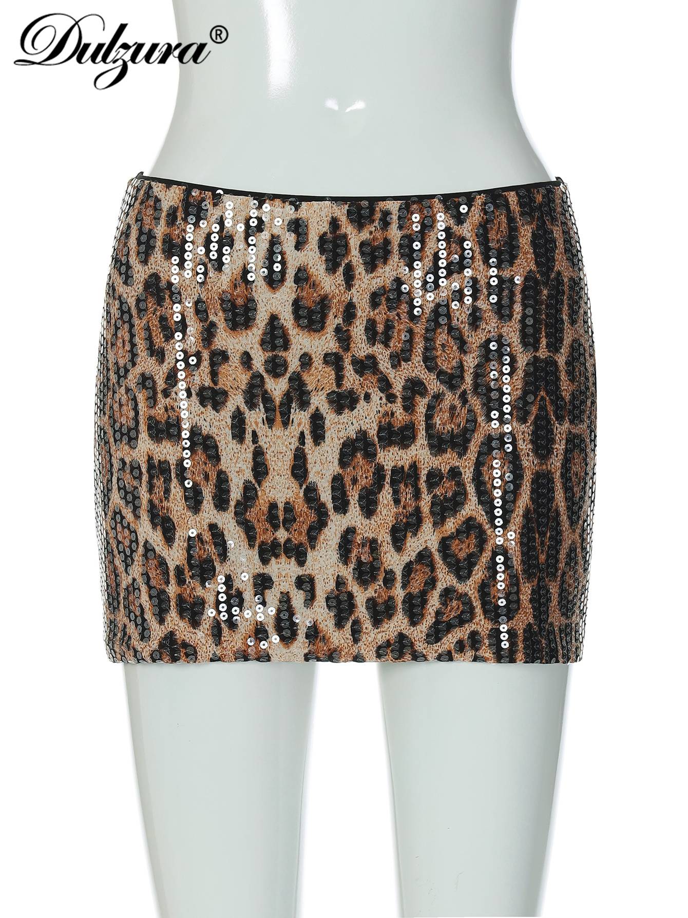 Dulzura Summer Latest Fashion Elegant High Waist Sequins Sexy Slim Leopard Print Short Skirt Party Club Street Clothes Wholesale
