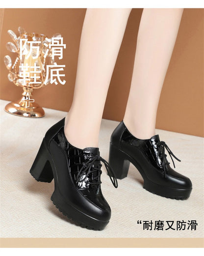 Deep Mouth Soft Leather Shoes Women Oxfords Platform Pumps High Heels Shoes Black Lace up Office Work Pumps Shoes Comfortable