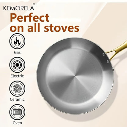 KEMORELA 3PCS 316 Stainless Steel Gold Handle Non-Stick Frying Pan Set 2MM Thick 5-Ply Wok Pan Food Grade Safety Multiple Sizes