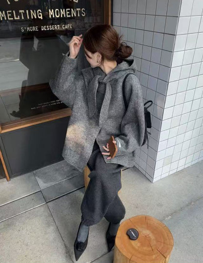Korean Sle Woolen Coat Women's Chic Temperament Sweet Bow Tie Collar Hooded Warm Woolen Coat Long Sve Mid-Length