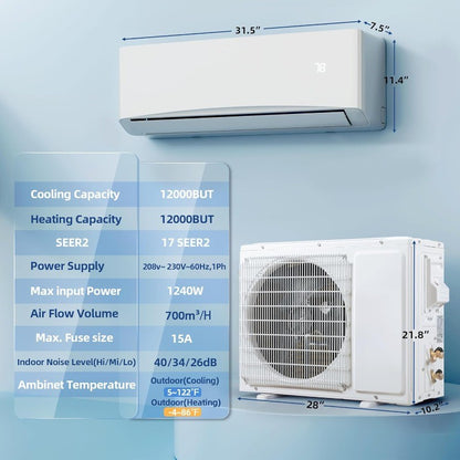 Ar Condicionado Quente/Frio Mini Split 12000BTU, 17 SEER2, Unidade AC de Parede Refrigera Ambientes de até 70m², Inverter com Eficiência Energética