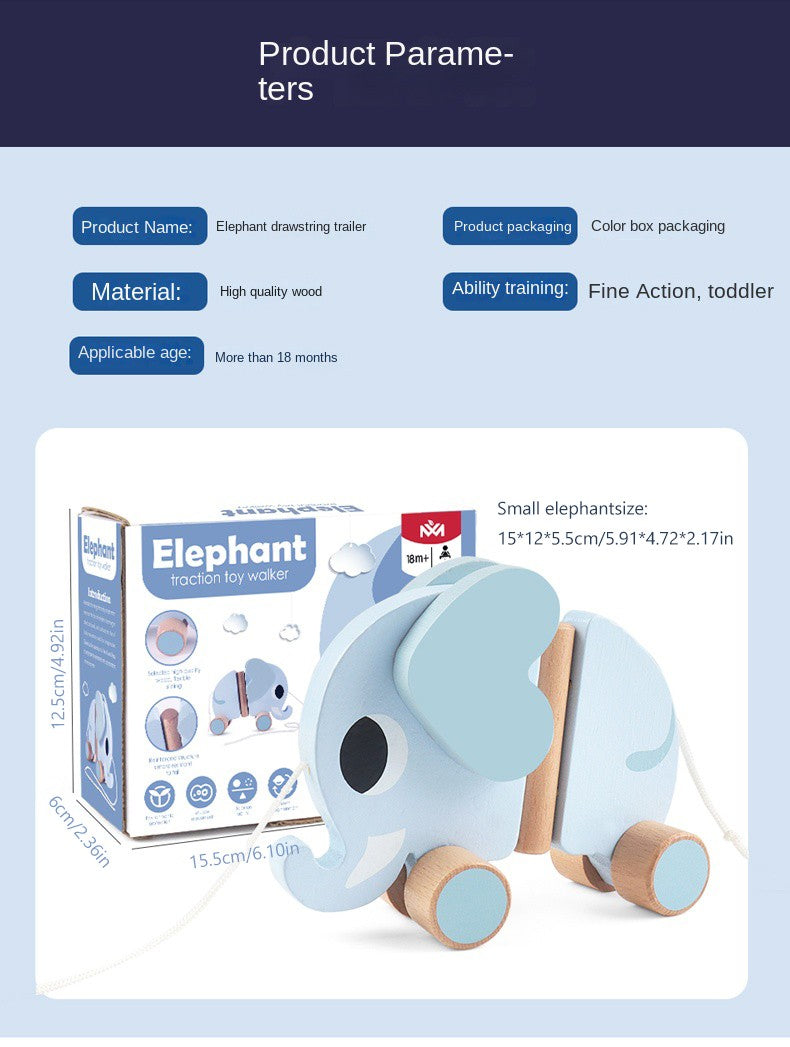 Wooden children's elephant pulling rope cart, towing toys, baby boy, baby girl toddler, children's gifts, early education toys