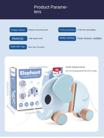 Wooden children's elephant pulling rope cart, towing toys, baby boy, baby girl toddler, children's gifts, early education toys