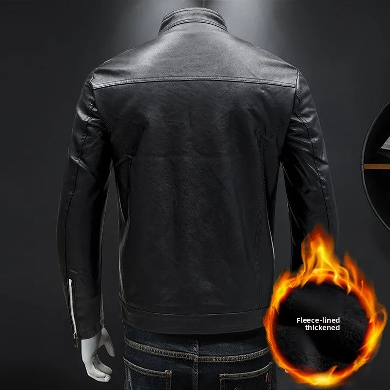 Men's Biker Leather Jacket Autumn Winter Thickened Fleece Casual Versatile Slim Fit Large Size PU Leather Coat