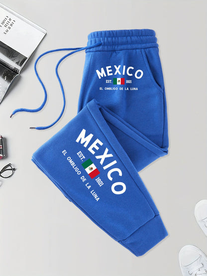 Calça de Moletom Masculina com Bolso Estampada México e Bandeira Outono Elástico na Cintura Calças Confortáveis de Rua Calça de Jogging Básica Longa