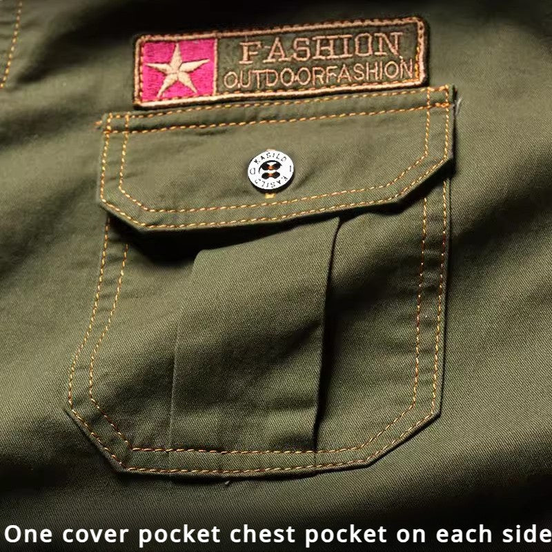 Summer Cotton Tactical Cargo Shirt Mens Multi Pocket Badge Embroidered Combats Tops Casual Breathable Tooling Chemise Homme