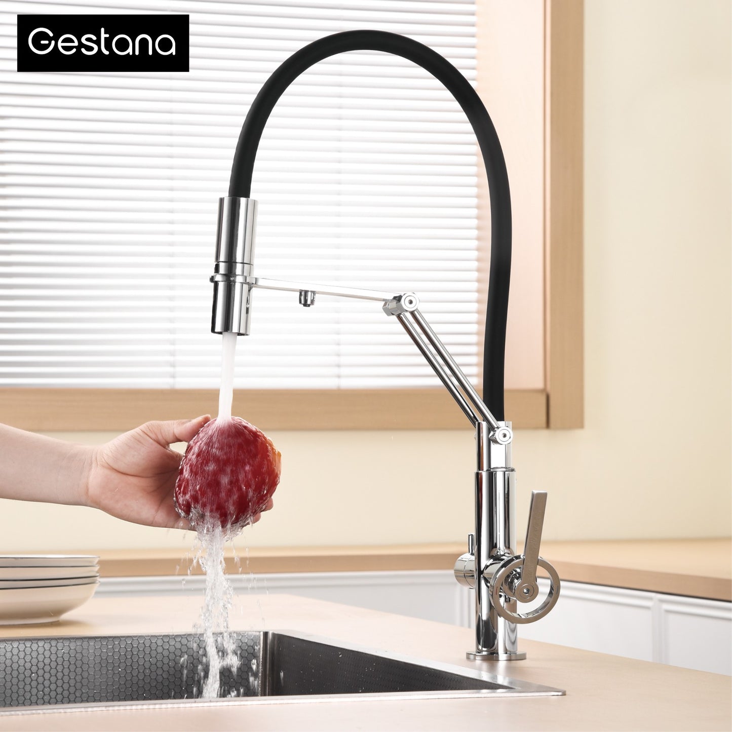 Torneira de Cozinha Moderna em Latão Cromado com Spray Retrátil 3 em 1, Função de Água Pura, Furo Único, Misturador de Pia Quente e Frio com 2 Alças
