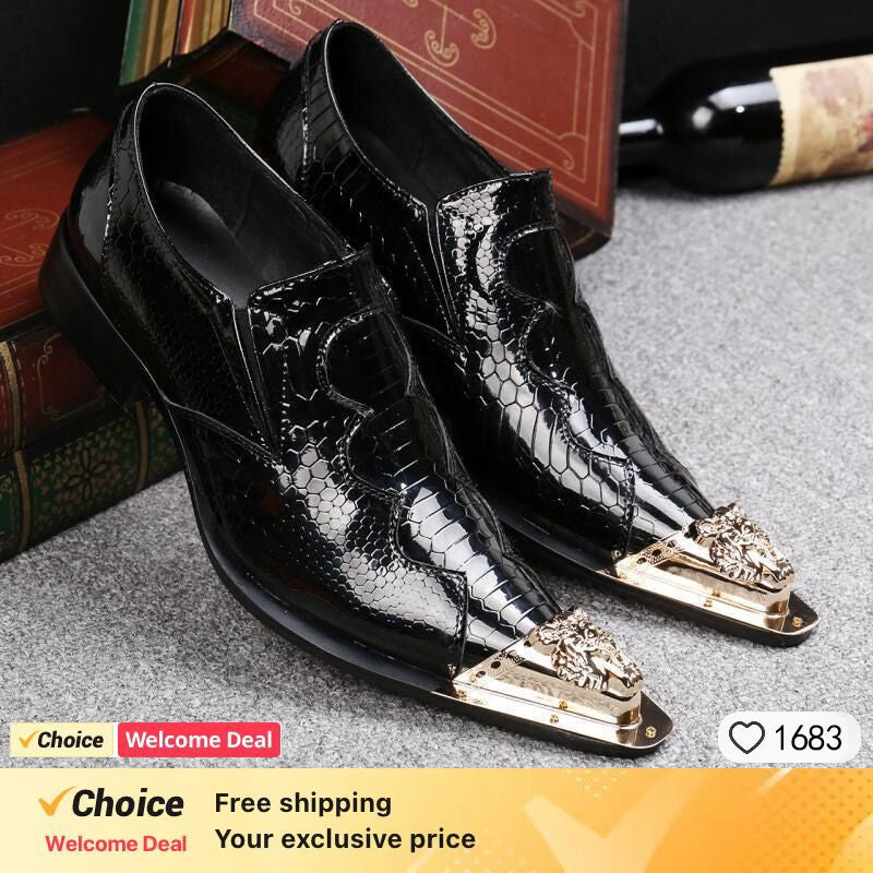 2024 Western Fashion Pointed Metal Toe Dress Shoes Blue Grey Party Wedding Leather Shoes for Men